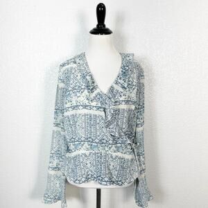 Emma James Womens Y2k 90s Long Sleeve Ruffle‎ Wrap Top Blouse Blue Print Boho 8